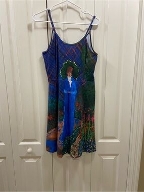 Wearable art Blue & Green Garden Print Slip Dress